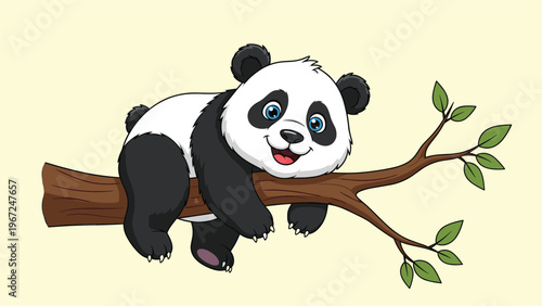 Cute cartoon panda bear with big blue eyes is hanging comfortably from a tree branch with green leaves against a soft yellow background.