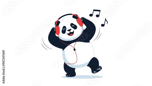 Joyful cartoon panda wearing red headphones dances to music with floating notes, expressing pure happiness and a love for rhythm and sound.