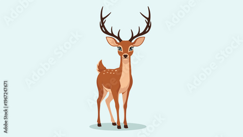 Graceful brown deer with large antlers stands alert and majestic on a light blue background, showcasing its natural beauty and poise.