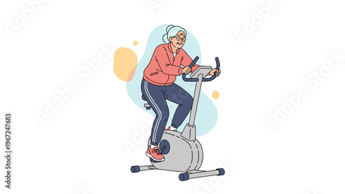 Senior woman with gray hair and glasses exercises on a stationary bike, maintaining an active lifestyle and focus on health and fitness.