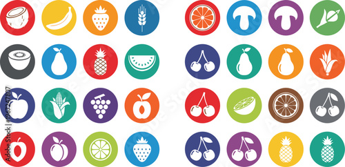 Colorful Fruit and Food Icon Set Featuring Bananas, Grapes, Pineapple, Apples, and More for Fresh, Healthy Eating, and Organic Designs