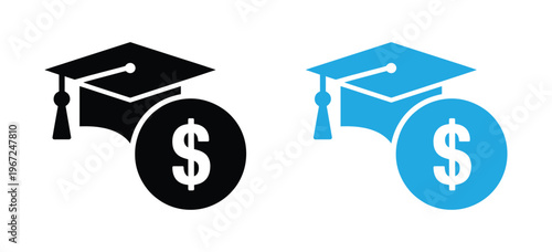 Educational finance icon featuring a graduation mortarboard cap with a dollar coin and book symbol representing scholarship opportunities student loan debt and tuition savings plans