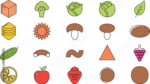 Colorful Food and Nature Icon Set Featuring Fruits, Vegetables, Flowers, and Shapes for Freshness, Agriculture, and Health Designs