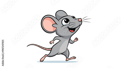 Fast little mouse with large ears and a long tail runs across the screen with a determined look and a happy smile in this fun drawing.