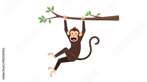 Playful brown monkey with a long curly tail hangs upside down from a tree branch with green leaves while sticking out its tongue.