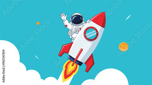 Brave astronaut in a space suit waves from a soaring rocket ship flying through a blue sky with white clouds and distant planets.