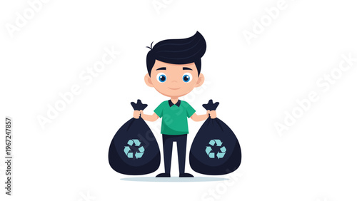 Helpful young boy in a green shirt carries two black recycling bags, promoting environmental awareness and waste management for kids.
