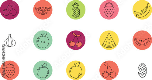 Colorful Fruit and Vegetable Icon Set Featuring Cherries, Pineapple, Watermelon, Apple, and Garlic for Fresh, Healthy Lifestyle Designs