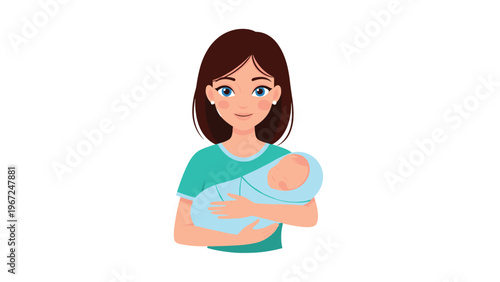 Loving mother in a green shirt gently holds her newborn baby wrapped in a blue blanket, capturing a tender moment of maternal care.