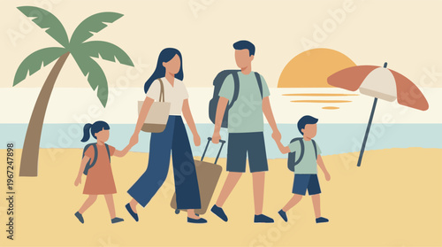 Happy family on summer vacation, walking on a tropical beach with luggage