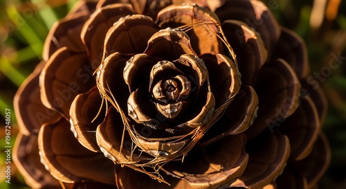 Close-up macro view of a brown pine cone with intricate spiral patterns and delicate needles. Fibonacci sequence
