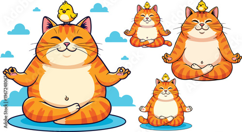 Cute ginger cat meditating in lotus pose, funny fat tabby cat doing yoga with small bird, zen cartoon animal character set for wellness