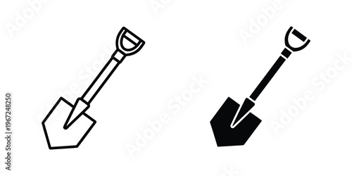 Comparison of a standard shovel and a black-filled gardening shovel with long handles.
