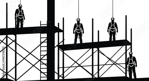 Construction Workers on Building Scaffolding Silhouette with Safety Harness, Industrial Engineering Worksite and Structural Development Concept Illustration