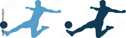 Two soccer players kicking balls in dynamic poses