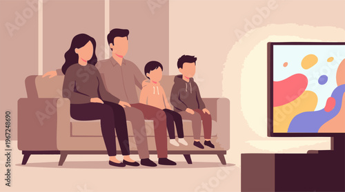 Family watching television together on a sofa in a modern living room