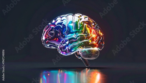 Transparent glass brain floating on dark gradient background, rainbow light refraction