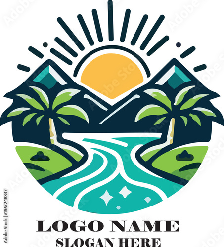 Tropical island with palm trees by the sunny beach and blue ocean water