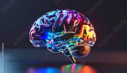 Transparent glass brain floating on dark gradient background, rainbow light refraction