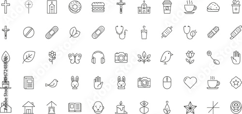 Lifestyle and Health Icon Set with Cross, Coffee, Food, Nature, Camera, Music, Medical, and Everyday Symbols for Wellness, Home, and Design