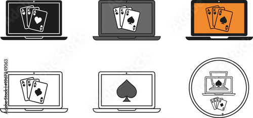 Online Casino Icon Set with Playing Cards, Spades, and Laptop for Gambling, Gaming, and Digital Entertainment Designs