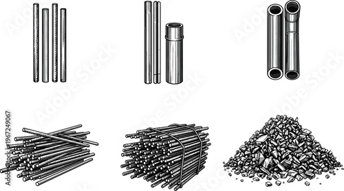 Steel rods pipes bundle and metal scrap materials industrial construction resources raw metal recycling vector illustration set isolated