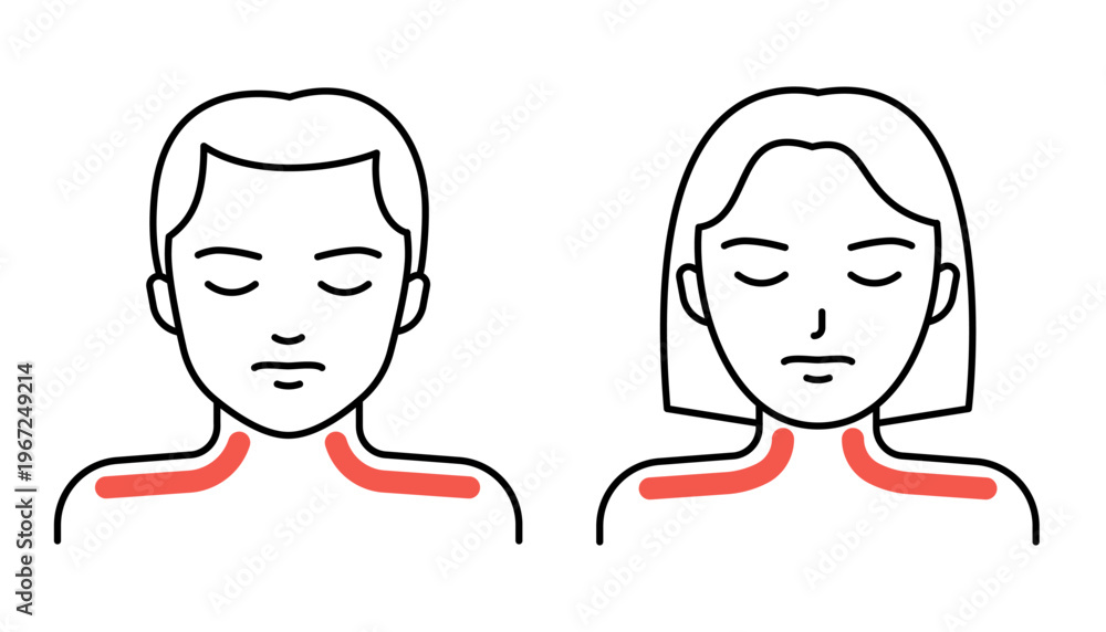 Fototapeta premium Man and woman with muscle neck pain and shoulder pain, suffering from discomfort. Medical problem, injury, or symptom concept for healthcare. Vector illustration