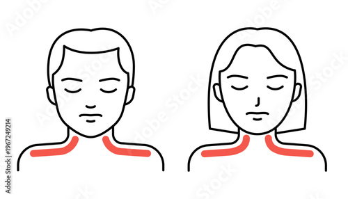 Man and woman with muscle neck pain and shoulder pain, suffering from discomfort. Medical problem, injury, or symptom concept for healthcare. Vector illustration