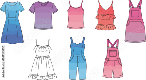 Stylish Fashion Illustration Set Featuring Gradient Dresses, Tops, and Overalls for Women's Clothing Designs