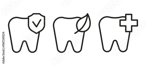 Set of linear icons showing tooth symbols. Dental care concept with protection shield, leaf for natural treatment and medical cross sign. Oral hygiene and dentistry clinic. Vector illustration