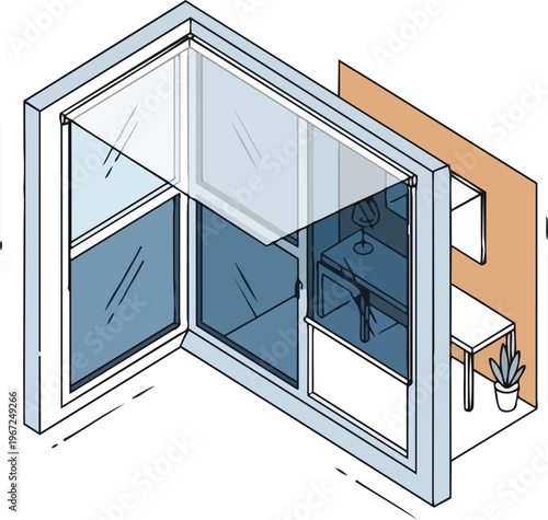 Modern Isometric Balcony Enclosure with Glass Panes and Roller Blinds Illustration - Architectural Line Art Concept for Home Improvement and Interior Design