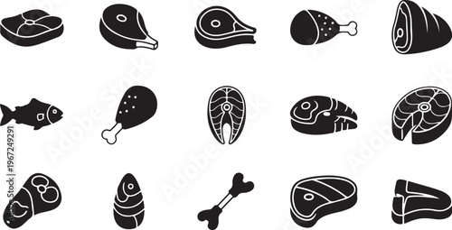 Meat Food Icon Pack, Beef Steak Fish Chicken and Bone Symbols, Butcher and Restaurant Design Elements