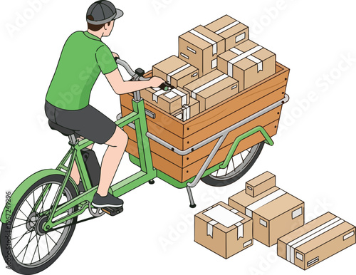 Isometric Illustration of a Courier Delivering Packages on a Green Electric Cargo Bike, Sustainable Urban Logistics and E-commerce Shipping Concept