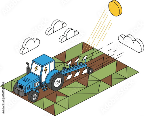 Isometric Illustration of a Blue Electric Tractor Plowing a Field for Sustainable Agriculture and Smart Farming Concept