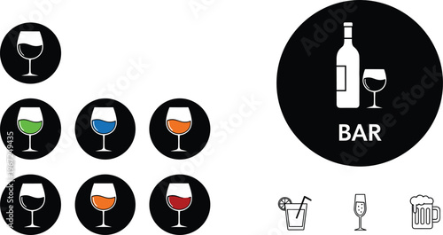 Wine and Bar Icon Set with Colored Glasses, Bottle Symbol, Alcohol Drinks Collection for Restaurant Menu, Pub Branding, and Beverage Design Elements