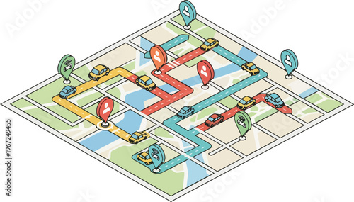 Isometric City Map with GPS Navigation, Ride Sharing Routes, and Location Pins for Logistics and Smart City Mobility
