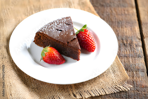 Delicious chocolate cake slice with fresh strawberries on a rustic table