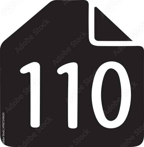 Minimalist black silhouette document file icon, prominently displaying the number 110, perfect for digital data, organized records, and graphic design