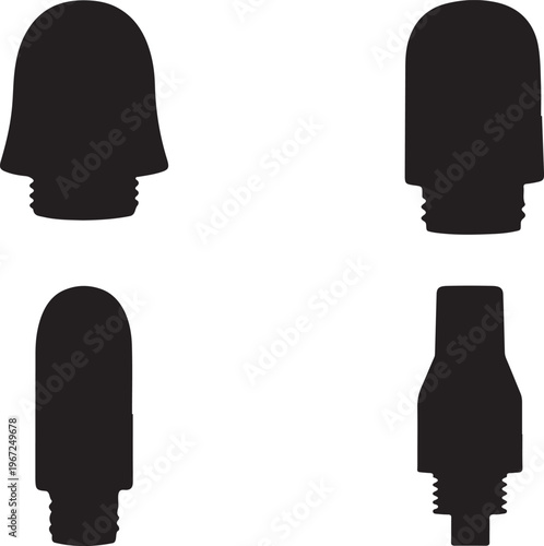 Diverse collection of black silhouette icons depicting various caps and tips, isolated on a clean white background, ideal for technical and industrial design projects