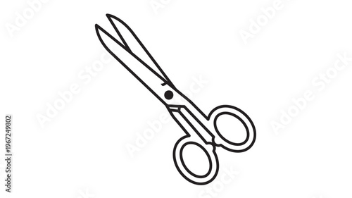 Scissors open with a black pivot point and oval finger grips, illustrated with clean black lines on a white background.