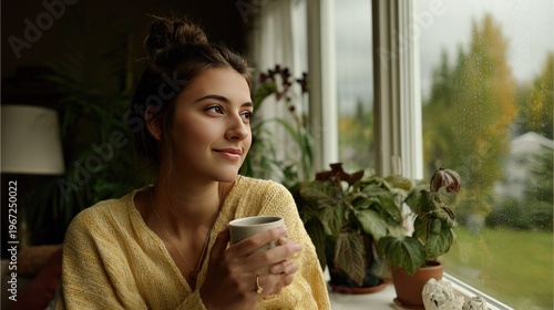 Serene Moment with Warm Beverage: A young woman finds solace by a window, sipping a warm beverage, her gaze lost in contemplative thoughts, framed by lush plants and soft natural light.