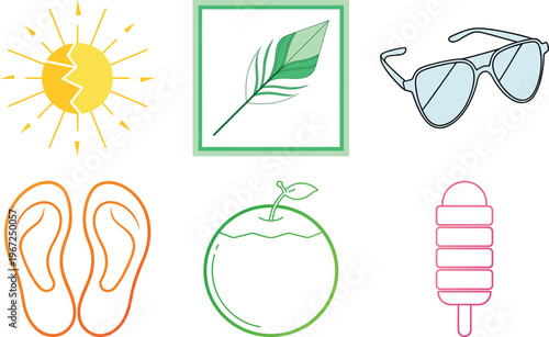 Vibrant Summer Collection: Beach Essentials and Tropical Elements in a Playful Illustration Style, Perfect for Seasonal Designs and Vacation Themes