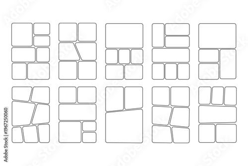 Set of collage grid manga comic storyboard layout panel blank template. Empty page frame for comic book, photo collage, poster, flyer. Vector illustration. Manga storyboard layout template for rapidly