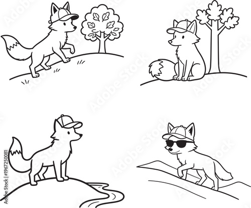 Whimsical Hand-Drawn Fox Character Illustration Set Featuring a Cute Fox Wearing a Baseball Cap and Sunglasses Exploring Nature, Hiking, and Resting Under Trees - Minimalist Black and White Line Art