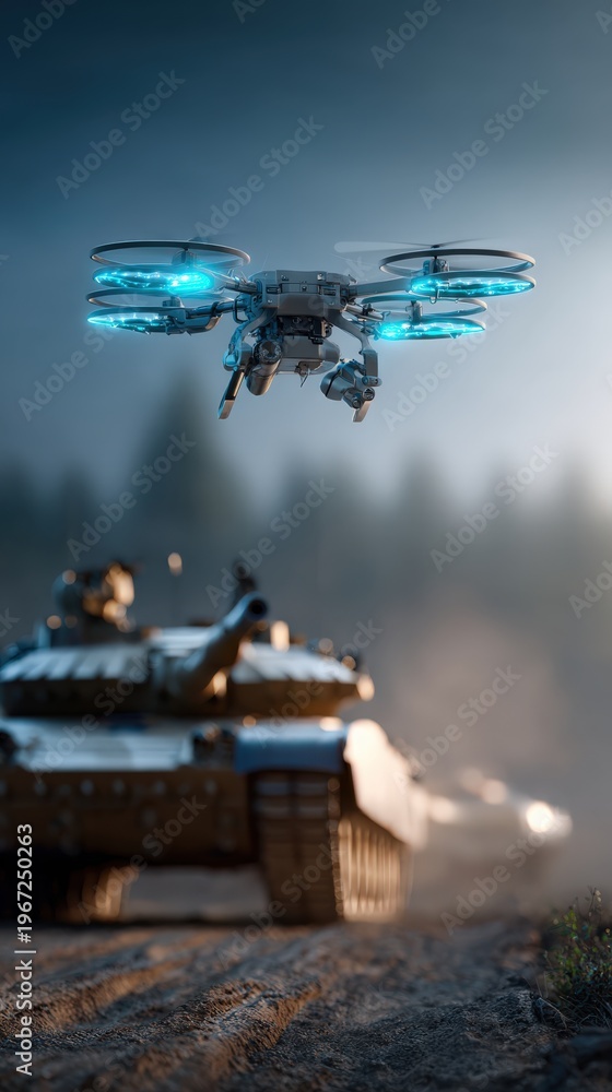 Fototapeta premium A high-tech drone hovers above the armored vehicles on a battlefield. ..Created with Generative AI, not depicting real subjects.