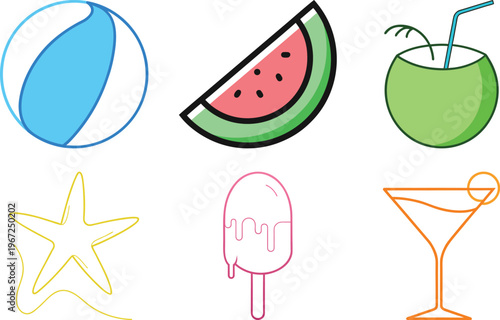 Colorful Summer Beach Icons Set: Watermelon, Coconut Drink, Beach Ball, Popsicle, Starfish and Cocktail - Vector Illustration
