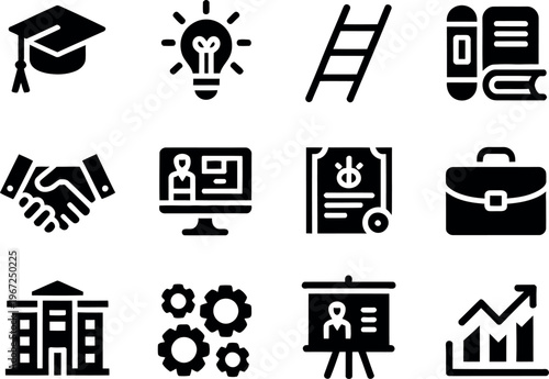 Set of twelve icons representing education career and professional development concepts