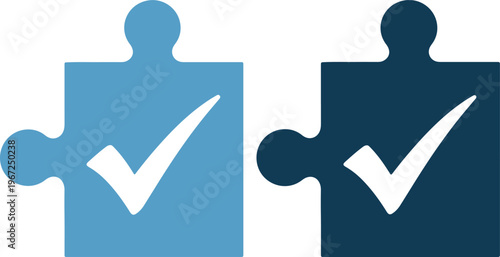 Blue and dark blue puzzle pieces with checkmarks