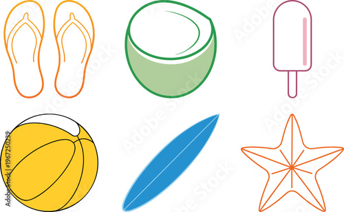 Colorful Summer Beach Icons Set - Flip Flops, Coconut, Popsicle, Beach Ball, Surfboard, and Starfish Illustration