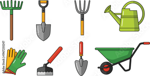 Gardening Tools Set Featuring Rake, Shovel, Fork, Watering Can, Gloves, and Wheelbarrow for Outdoor Gardening and Landscaping Designs